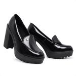 Mocassim Feminino Oxford Salto Alto Com Metal Preto Verniz