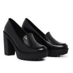 Mocassim Feminino Oxford Salto Alto Com Metal Preto
