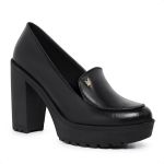 Mocassim Feminino Oxford Salto Alto Com Metal Preto