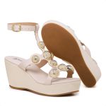 Sandália Aranha Feminina Plataforma Anabela Meia Pata com Esferas Preto Off White