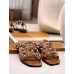 Flat Ágatha caramelo com azul turquesa e dourado em couro legítimo 