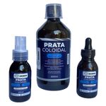 Kit com 1 Prata coloidal New Quantic Frequenciada 500ml + 1 Prata coloidal em spray 60ml + 1 Prata coloidal com conta gotas 60ml