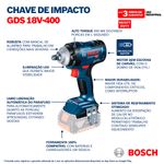 Chave de Impacto a Bateria GDS 18V-400 18V S/ Bat em maleta Bosch