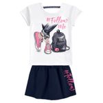 Conjunto blusa branca estampada e short saia azul marinho Kyly