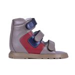 Sandália cano alto 3 velcros couro capuccino vermelho e azul metalico 