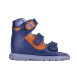 Sandália cano alto 3 velcros couro azul com laranja 