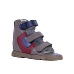 Sandália cano alto 3 velcros couro capuccino vermelho e azul metalico 