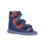 Sandália cano alto 3 velcros couro azul com laranja 