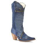 Bota Feminina Bico Fino Tecido Jeans Azul