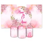 Kit Capa Painel Redondo + 2unid Capa Retangular + Trio Capas Cilindros Tema 15 Anos 4100