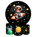 Capa Painel + Trio Capas Cilindros Sublimados Tema Astronauta Baby Menino Fundo Preto 2228