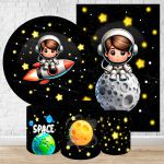 Kit 5 Peças Capa Redonda + Capa Retangular + Trio Capas Cilindros Sublimados Tema Astronauta Baby Menino Fundo preto 2228