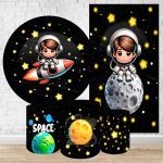 Kit 5 Peças Capa Redonda + Capa Retangular + Trio Capas Cilindros Sublimados Tema Astronauta Baby Menino Fundo preto 2228