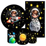 Kit 5 Peças Capa Redonda + Capa Retangular + Trio Capas Cilindros Sublimados Tema Astronauta Baby Menino Fundo preto 2228
