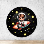 Capa Painel Redondo Sublimados Tema Astronauta Baby Menino fundo preto 2228