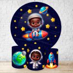Capa Painel + Trio Capas Cilindros Sublimados Tema Astronauta Baby Menino Azul Escuro 2229