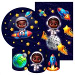 Kit 5 Peças Capa Redonda + Capa Retangular + Trio Capas Cilindros Sublimados Tema Astronauta Baby Menino Azul Escuro 2229