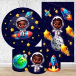 Kit 5 Peças Capa Redonda + Capa Retangular + Trio Capas Cilindros Sublimados Tema Astronauta Baby Menino Azul Escuro 2229