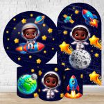 Kit 5 peças Capa Romano Veste Fácil+ Capa Redonda+ Trio Capas Cilindro Sublimados Tema Astronauta Baby Menino Fundo Azul Escuro 2229