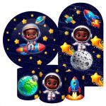 Kit 5 peças Capa Romano Veste Fácil+ Capa Redonda+ Trio Capas Cilindro Sublimados Tema Astronauta Baby Menino Fundo Azul Escuro 2229