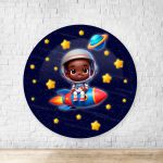 Capa Painel Redondo Sublimados Tema Astronauta Baby Menino Azul Escuro 2229