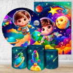 Kit 5 Peças Capa Redonda + Capa Retangular + Trio Capas Cilindros Sublimados Tema Astronauta Baby Menino Azul 2728