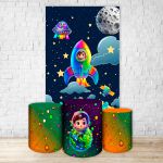 Capa Retangular + Trio Capas Cilindros Sublimados Tema Astronauta Baby Menino Azul 2731