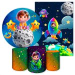 Kit 5 Peças Capa Redonda + Capa Retangular + Trio Capas Cilindros Sublimados Tema Astronauta Baby Menino Azul 2731