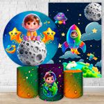 Kit 5 Peças Capa Redonda + Capa Retangular + Trio Capas Cilindros Sublimados Tema Astronauta Baby Menino Azul 2731
