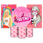 Kit Capa Painel Redondo + 2unid Capa Retangular + Trio Capas Cilindros Tema Barbie 2651