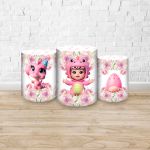 Trio Capas Cilindros Sublimados Tema Festa Dino Baby Menina Rosa 2225