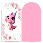 Capa Painel Romano Sublimado Tema Festa Dino Baby Menina Rosa 2225
