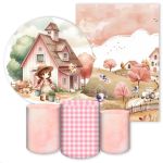 Kit 5 Peças Capa Redonda + Capa Retangular + Trio Capas Cilindros Sublimados Tema Fazendinha Menina Rosinha 4597