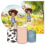 Kit 5 Peças Capa Redonda + Capa Retangular + Trio Capas Cilindros Sublimados Tema Fazendinha Menina 4598