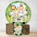 Capa Painel Redondo + Trio Capas Cilindros Sublimados Tema Safari / Infantil / Selva / Floresta / Animal Print / Menino / Verde 1150
