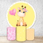 Capa Painel Redondo + Trio Capas Cilindros Sublimados Tema Safari / Infantil / Baby / Girafa / Menina / Rosa e Amarelo 2129