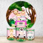 Capa Painel Redondo + Trio Capas Cilindros Sublimados Tema Safari / Infantil / Baby / Menina / Rosa e Verde / Floresta / Animais na Selva 2506