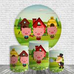 Kit Painel De Festa Historias Infantis Três Porquinhos Redondo + Trio De Cilindros Em Tecido
