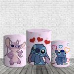 Kit Painel De Festa Stitch Alien Azul E Rosa Redondo + Trio De Cilindros Em Tecido