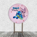 Kit Painel De Festa Stitch Alien Azul E Rosa Redondo + Trio De Cilindros Em Tecido