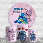 Kit Painel De Festa Stitch Alien Azul E Rosa Redondo + Trio De Cilindros Em Tecido