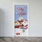 Capa De Porta Para Decoração Festa Papai Noel Neve Tecido Elástico 2.10x0.85m Painel de Porta 