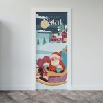 Capa De Porta Para Decoração Papai Noel Trenó Tecido Elástico 2.10x0.85m Painel de Porta 