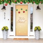 Capa De Porta Para Decoração Festa Feliz Natal Dourado Tecido Elástico 2.10x0.85m Painel de Porta 