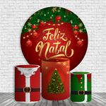 Kit Painel De Festa Feliz Natal 5 Redondo + Trio De Cilindros Em Tecido