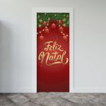 Capa De Porta Para Decoração Festa Feliz Natal Vermelho Tecido Elástico 2.10x0.85m Painel de Porta 