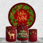 Kit Painel De Festa Feliz Natal 6 Redondo + Trio De Cilindros Em Tecido