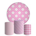 Kit Painel Festa Xadrez Rosa Piquenique Redondo + Trio De Cilindros Em Tecido