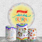 Kit Painel Festa Feliz Dia Das Crianças 2 Redondo + Trio De Cilindros Em Tecido