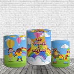 Kit Painel De Festa Feliz Dia Das Crianças 3 Redondo + Trio De Cilindros Em Tecido